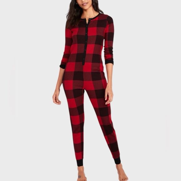 Old Navy Thermal Knit One-Piece Pajama Women's Sz L Red Black Plaid Cozy Buttons - Picture 2 of 16